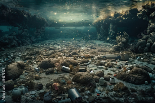 A totally polluted underwater view.  Composite with different elements made with generative AI