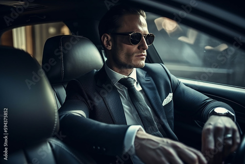 Serious successful businessman in sunglasses sitting in luxury car and driving.Generative AI. © Zelma