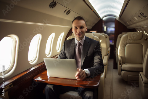 Portrait of smiling young businessman typing on laptop  in luxury private plane. Generative AI. © Zelma
