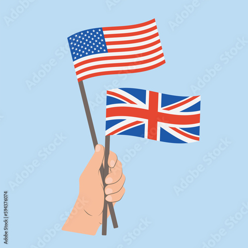 Flags of USA and UK, Hand Holding flags