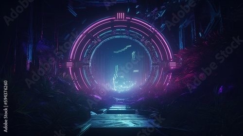 A circle Neon Purple Magic Portal in a futuristic style, by night, Cosmos, Edited generative AI