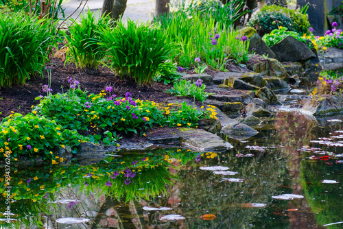Beautiful pond in zen garden at springtime