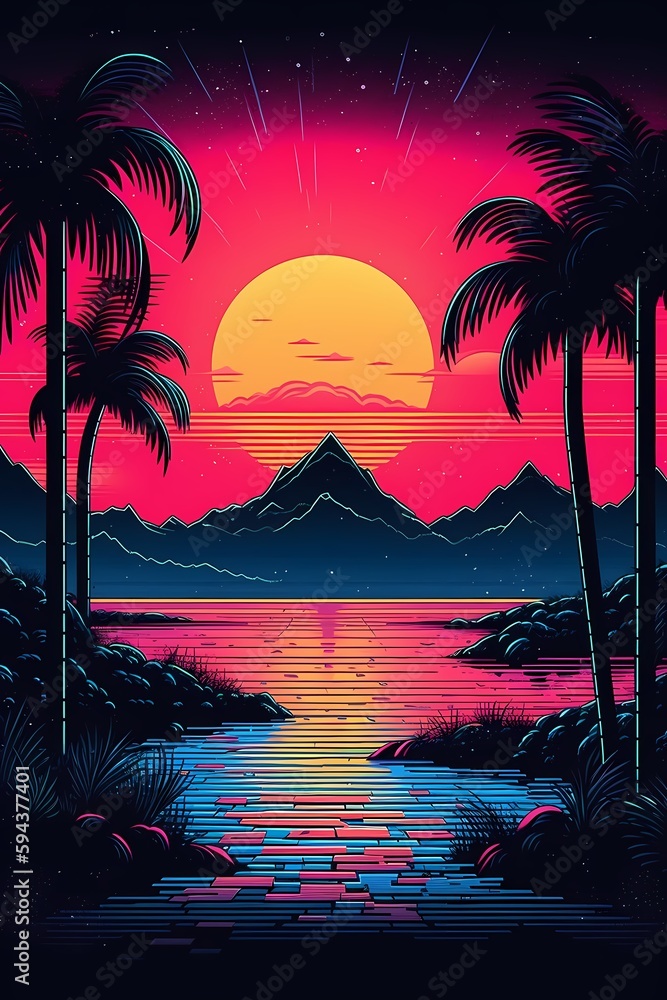Sunset on tropical beach with palm tree generated ai