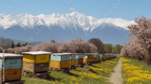Apiaries for bees in green meadow with beautiful flowers and snow capped mountains in the background. Generative AI