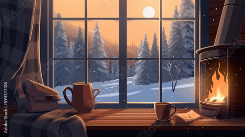 Cozy winter scene with fireplace and hot cocoa and winter related things