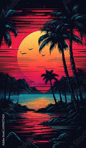 Sunset on tropical beach with palm tree generated ai © Rizzz