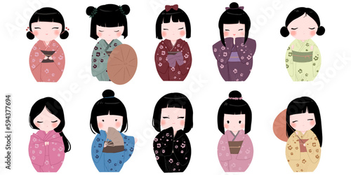 Set of Japanese traditional cute Kokeshi Dolls vector. isolated images. eps 10