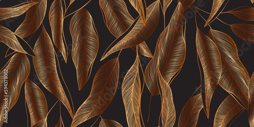 Luxury golden linear seamless pattern with palm leaves. Botanical texture with tropical plants. Autumn floral pattern