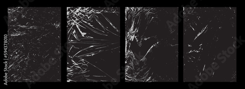 Set of polyethylene texture. Torn effect. Transparent stretched cling film. Overlay grunge texture. Collection of vector background. Crumpled warp plastic. Defect, scuff template. Wrinkled packaging