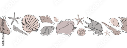 Seashells set on an abstract background. Seashells seamless banner. One line drawing of a shell. Hand drawn marine illustrations of seashells. Summer tropical ocean beach style.