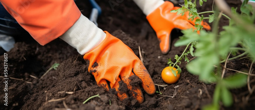 Closeup image of woman s hands in gardening gloves planting tomato.