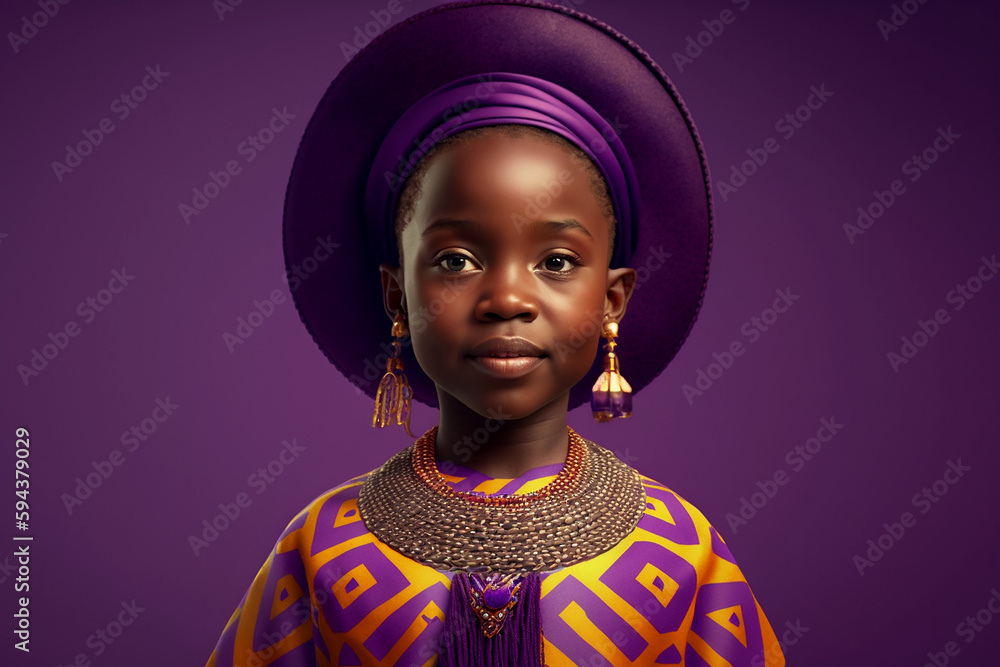 Cute black girl wearing African national costume isolated on purple