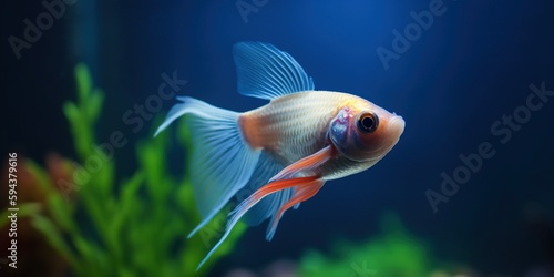 A fish swimming gracefully in a beautifully designed aquarium, set against a tranquil, aquatic background, concept of Harmonious environment, created with Generative AI technology