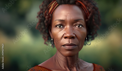 Portrait of a beautiful middle- aged African woman looking at camera. Generative AI.