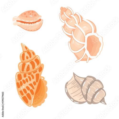 Sea shells in color.Set of ocean dwellers isolated on white background.Cartoon objects for printing on fabric and paper.Can be used to create postcards,stickers,patterns.Vector flat  illustration.