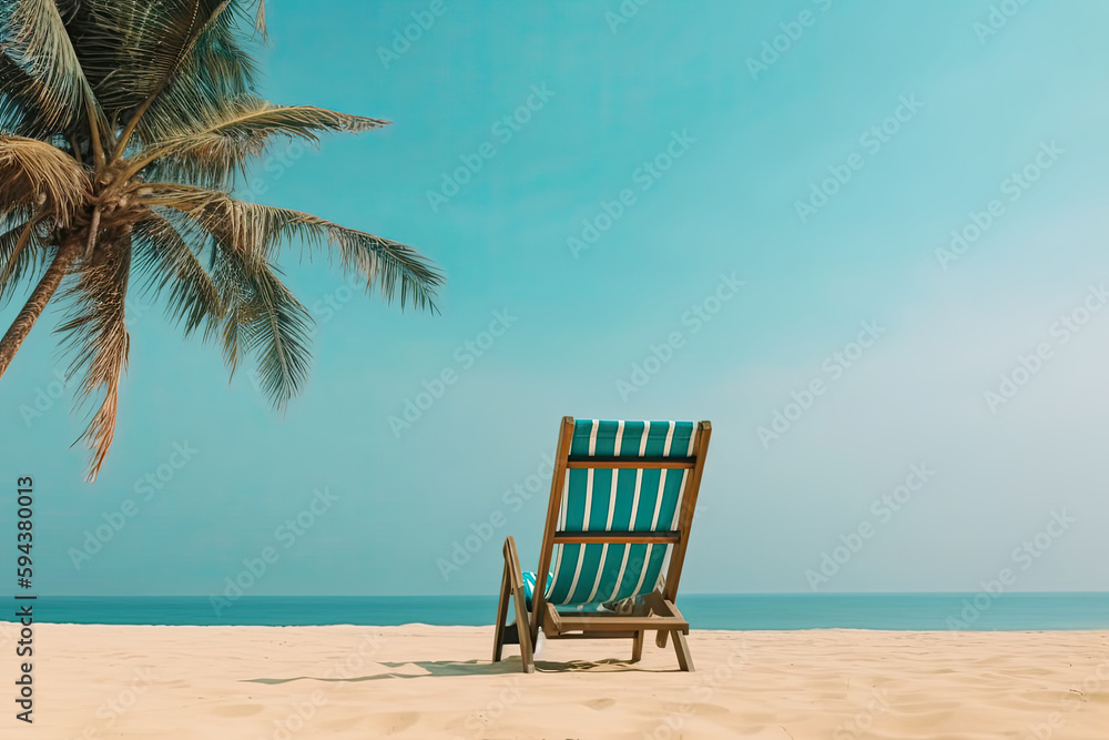 Lounge chair near palm tree on tropical sea beach. Summer vacation concept. Created with Generative AI