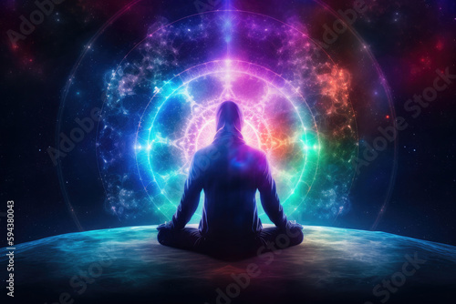 Silhouette of body meditate in lotus position on cosmic background. Spiritual awakening and positive energy of universe. Concept of communication with another world. Created with Generative AI