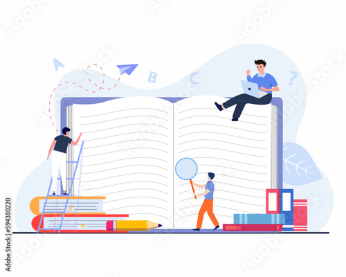 Tiny people sitting and standing near giant book and reading an open huge book, Students study in school, college or university and reading books in library.