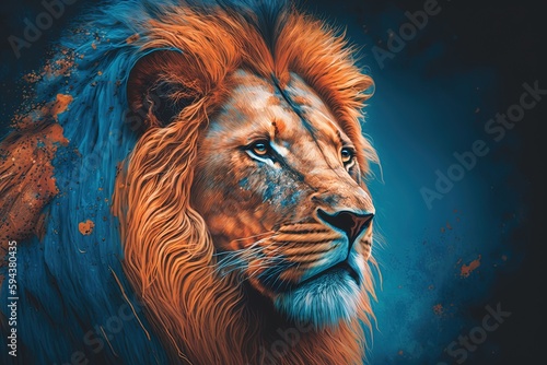 A close up of a lion s face with a blue background created with Generative AI technology