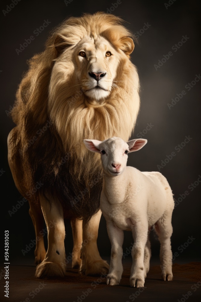 A lion standing next to a sheep on a black background created with Generative AI technology