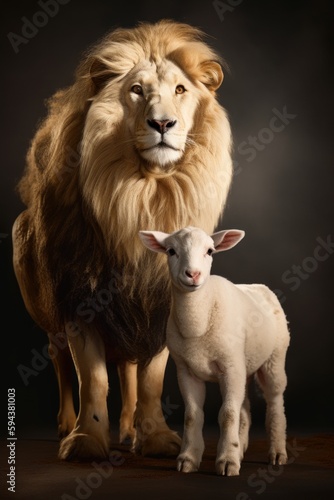 A lion standing next to a sheep on a black background created with Generative AI technology © pham