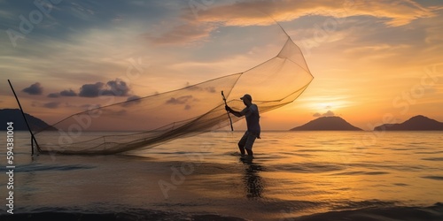 A fisherman casting a net into the sea at sunrise, showcasing the timeless beauty of the fishing profession, concept of Serene environment, created with Generative AI technology