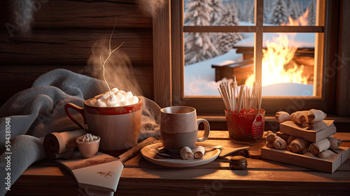 Cozy winter scene with fireplace and hot cocoa and winter related things © Marton