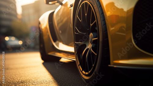 yellow supercar with the sun background wallpaper Ai Generative © adel
