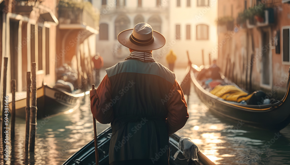 Grand Canal of Venice, Italy. Sunny day gondolier carries tourists on gondola. Generation AI - obrazy, fototapety, plakaty 
