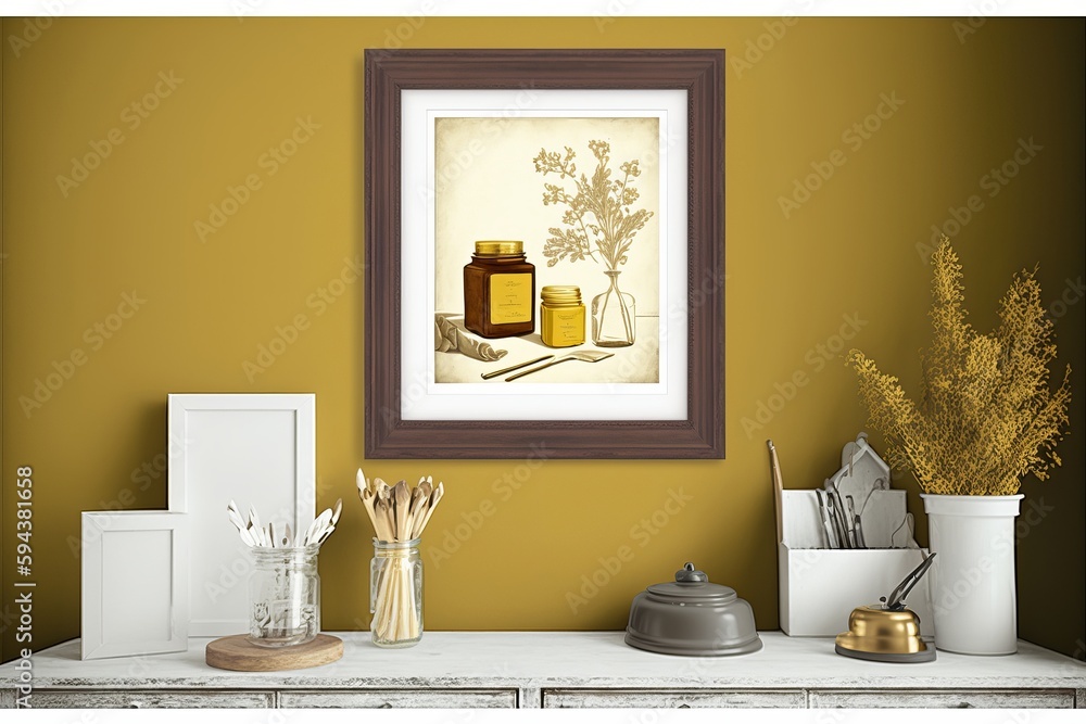 Living room wall - mustard and white with frame on wall