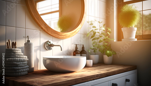 Scandinavian Bathroom interior. Modern White sink on wood counter with round mirror and flowers. Generation AI