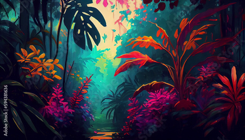Tropical forest colorful painting with bloossom flowers and beautiful trees Ai generated image