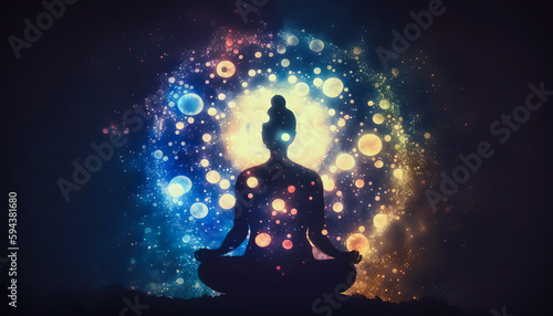 Astral yoga silhouette of human in cosmic space meditate. Back view man practicing transcendental spiritual meditation. Generation AI © Adin