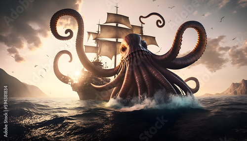 Giant monster Kraken attacks wood ship in sea. Cthulhu octopus with tentacles underwater and wooden vessel with red sails in ocean. Generation AI