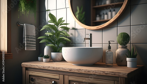 Scandinavian Bathroom interior. Modern White sink on wood counter with round mirror and flowers. Generation AI © Adin