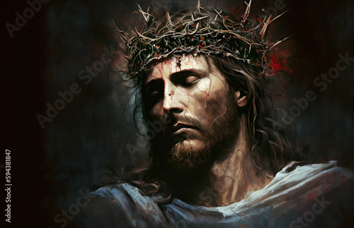 Jesus Christ in a crown of thorns. Oil painting. Generation AI