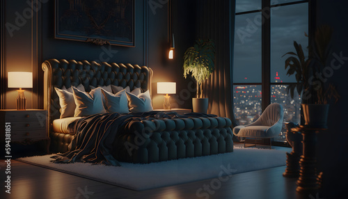 Rich lux dark interior of bedroom for man. Generation AI