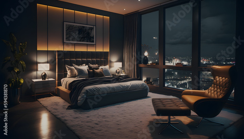 Rich lux dark interior of bedroom for man. Generation AI
