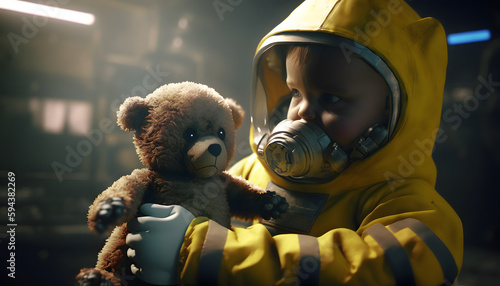 Baby in nuclear radiation protection costume yellow play with toy bear. Concept life after apocalypse radioactive war. Generation AI photo