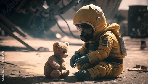Concept life after apocalypse radioactive war, baby in nuclear radiation protection costume yellow play with toy bear. Generation AI