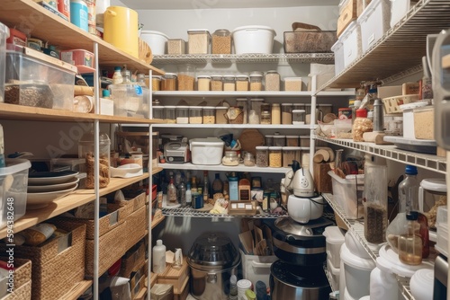 cluttered and disorganized pantry overflowing with food, baking supplies, and other cooking essentials, created with generative ai photo