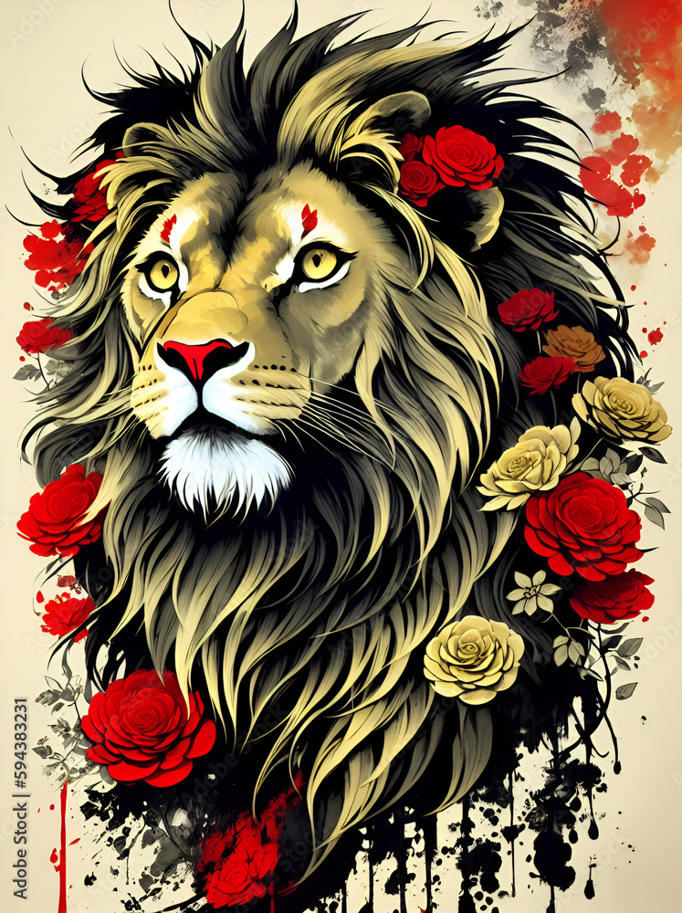 Lion head in flowers splash. AI generated illustration
