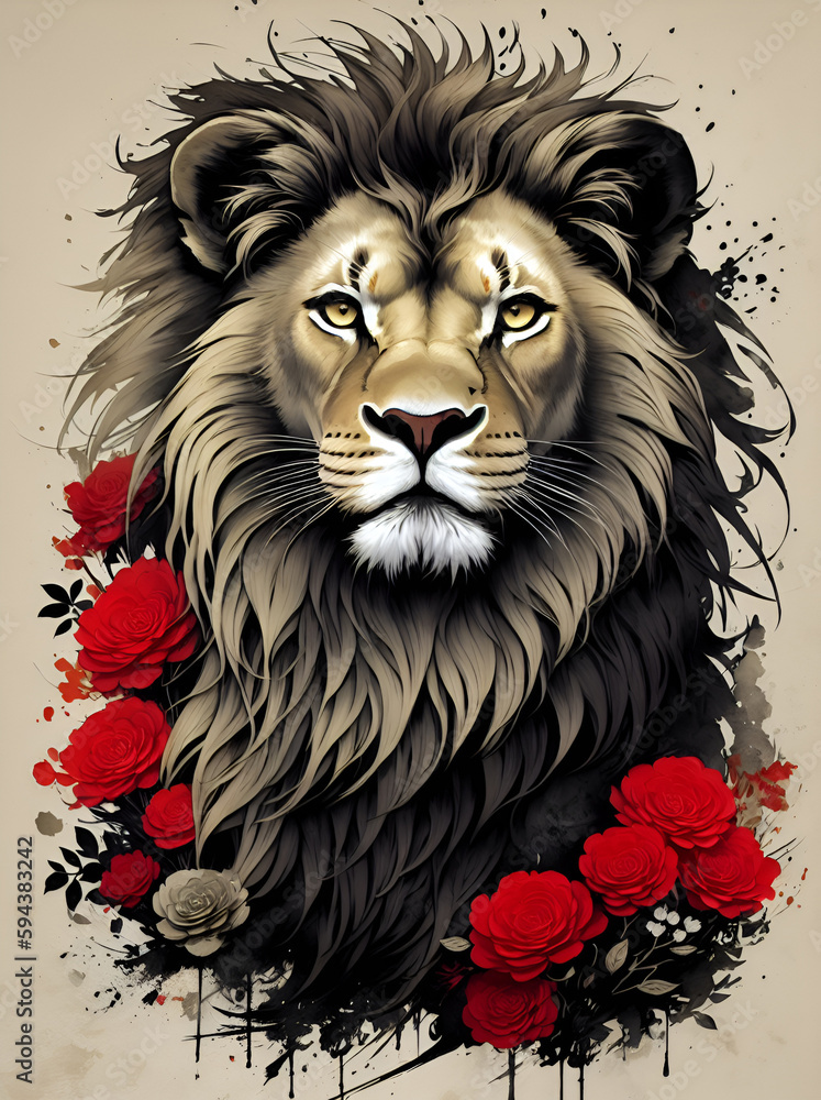 Lion head in flowers splash. AI generated illustration