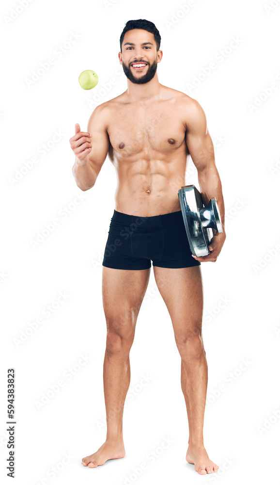 Health, scale and man with apple to lose weight, diet or strong body or wellness lifestyle. Goal motivation, food and portrait of muscular male on fruit detox isolated on a transparent png background