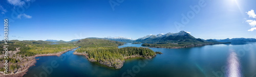 Fototapeta Naklejka Na Ścianę i Meble -  Aerial Panoramic View of Canadian Mountain Landscape and Lake. Taken in Vancouver Island, British Columbia, Canada. Nature Background Panorama