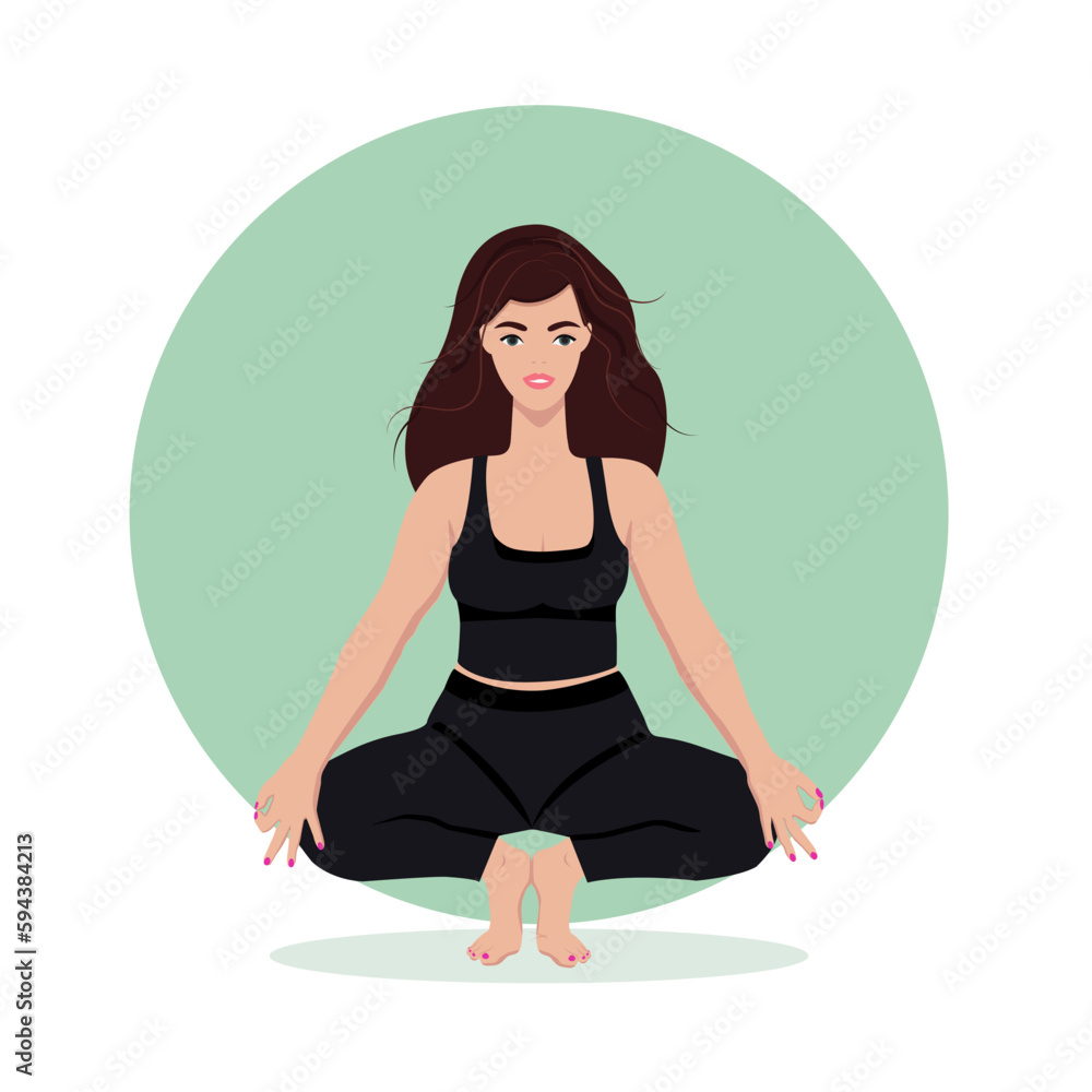Beautiful yoga girl in lotus position in black clothes, green gentle colors, green fon, green rug