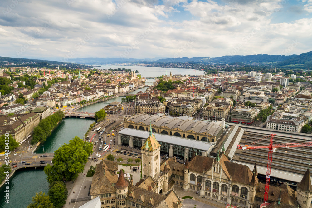 Aerial view of swiss national museum on the central station and the limmat river by the old city, Zurich, Switzerland