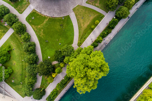 Top view on Platzspitz park on the Limmat, Zurich, Switzerland