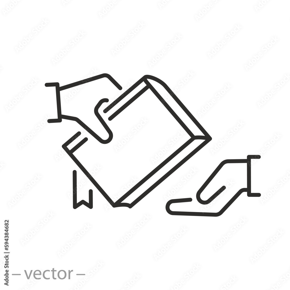 share book icon, bookcrossing concept, library club, give book to friend, thin line symbol - editable stroke vector illustration share book icon, bookcrossing concept, library club, give book to friend, thin line symbol - editable stroke vector illustration