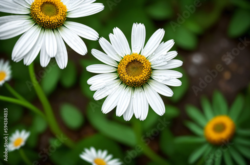 Daisies after the rain  with raindrops. Generative AI.